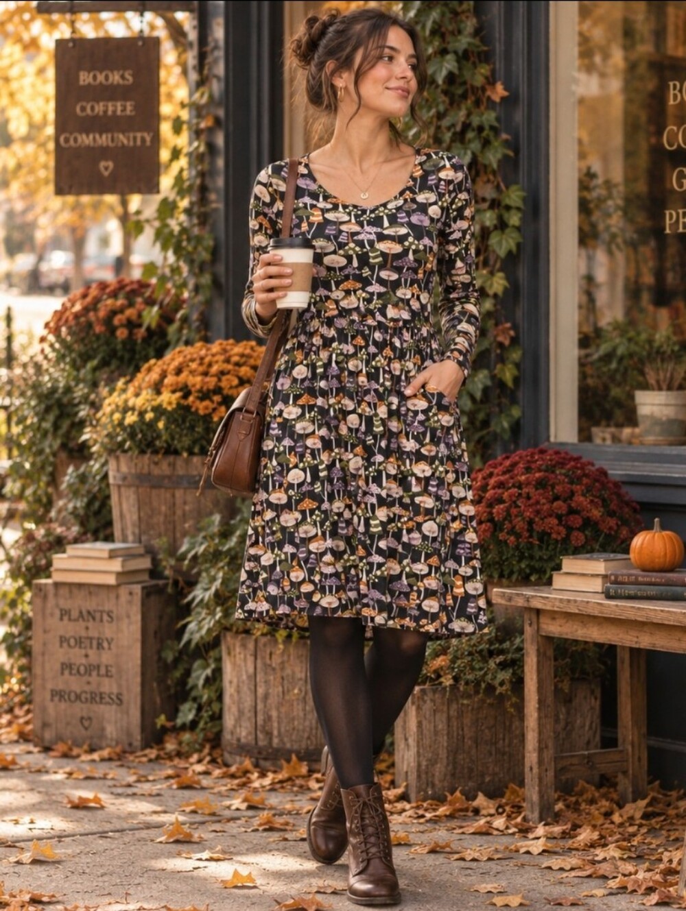 Kate Quinn Harvest Mushrooms Bamboo Dress Women M Long Sleeve